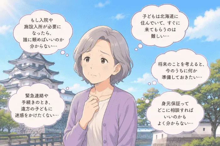 尼崎で身元保証を検討する一人暮らし高齢者の不安について説明している画像