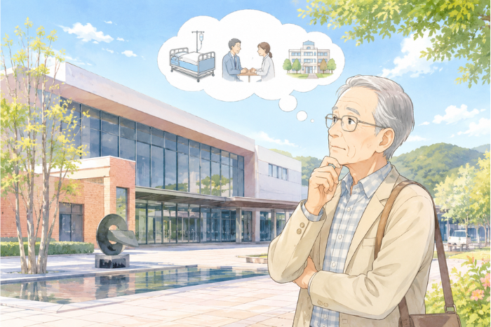 施設入居時に必要となる保証人や今後の生活支援について考える高齢男性の様子を表した画像