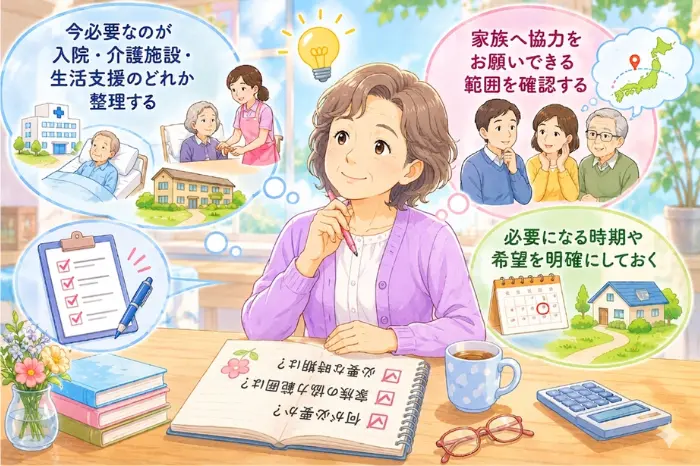 三木市で身元保証を検討する際に、入院・介護施設・生活支援の必要性や家族の協力範囲、利用時期を整理するポイントを解説する画像