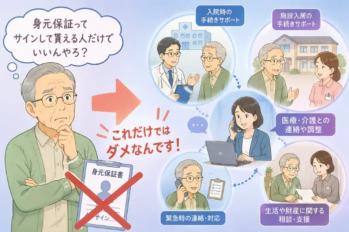 西脇市で身元保証サービスを利用しながら高齢者の入院や施設入居、生活支援を受ける流れを解説する画像