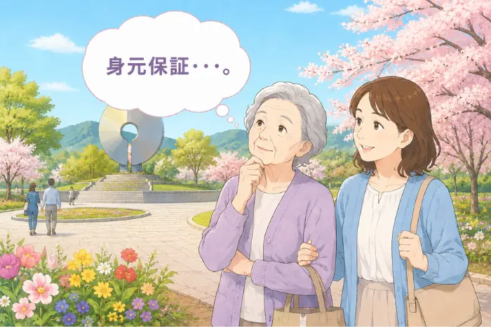 西脇市で身元保証の相談先や契約内容について考えながら娘と春の公園を散歩する80代女性の画像