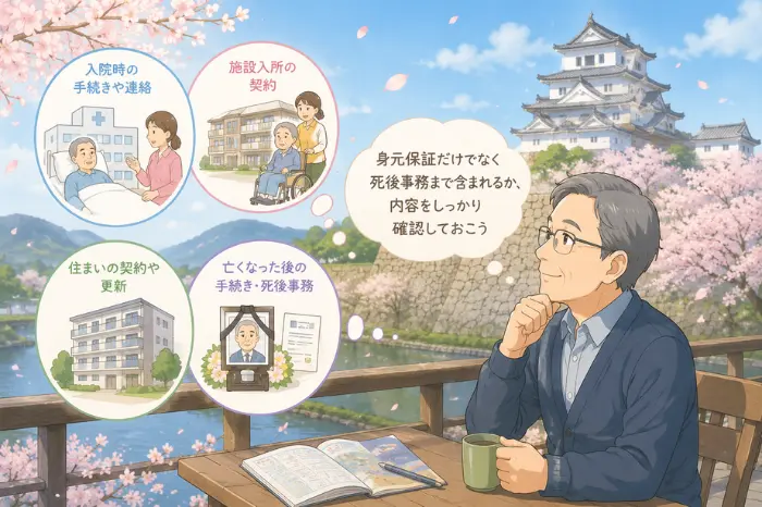たつの市周辺で身元保証サービスを比較する際に、契約内容や支援範囲を確認するポイントを解説する画像