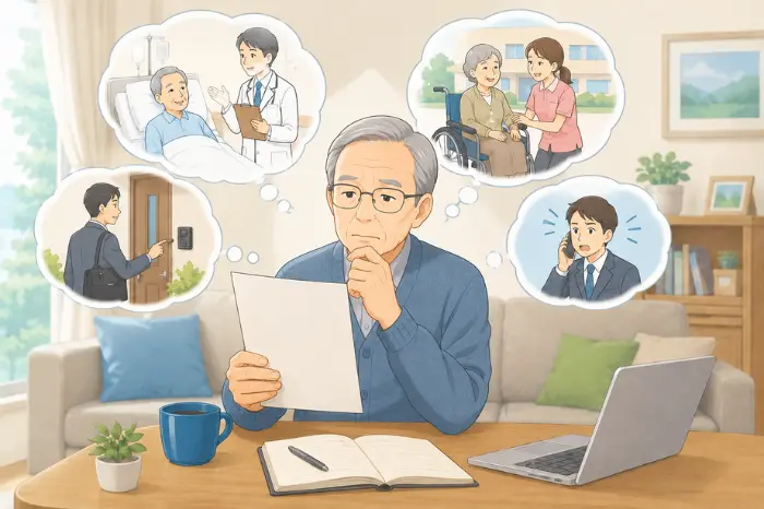 洲本市で身元保証の対応範囲について調べながら、病院や介護施設への対応、自宅訪問、緊急時の連絡体制を考える高齢男性の画像