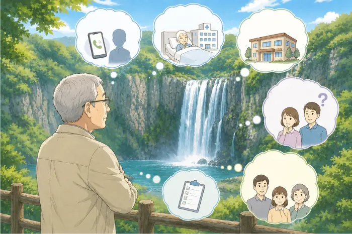 洲本市で身元保証を検討する際に、家族や地域、病院、介護施設、支援先それぞれの役割分担を整理している様子の画像