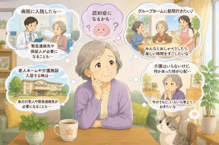 南あわじ市で身元保証が必要になりやすい入院や老人ホーム入居、一人暮らし、認知症への備えなどの場面を紹介する画像
