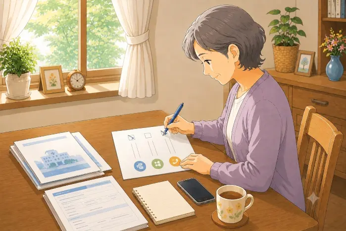 入院時に保証人がいない神戸市の方が、病院の確認、家族や知人への相談、地域の支援先への相談を順に進める画像