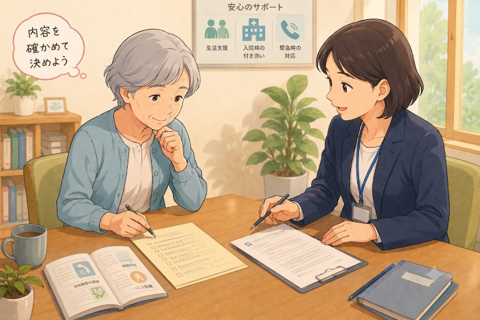 入院時に保証人がいない神戸市の方が、身元保証サービスの対応範囲や支援期間、緊急時の連絡体制を確認する画像