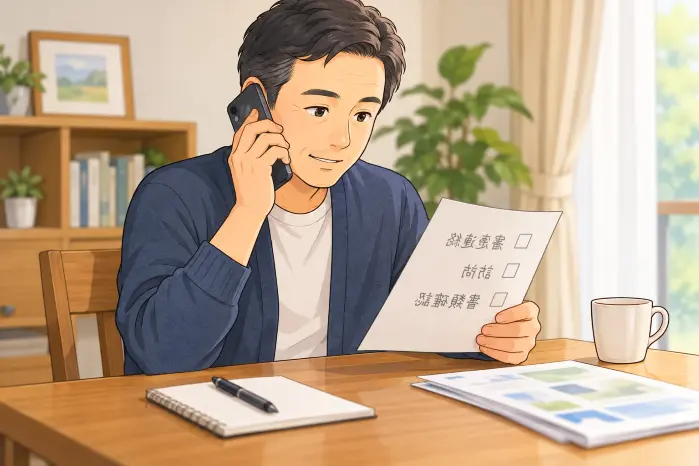 神戸市の身元保証の件でNPOに頼みたい支援内容を書いたメモを見せながらNPOに電話している場面
