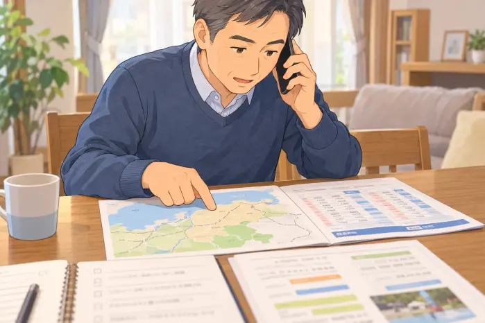 男性が神戸市の身元保証のNPO団体に簡略地図と交通時刻表を見ながら、訪問可能か問い合わせる場面を示す画像