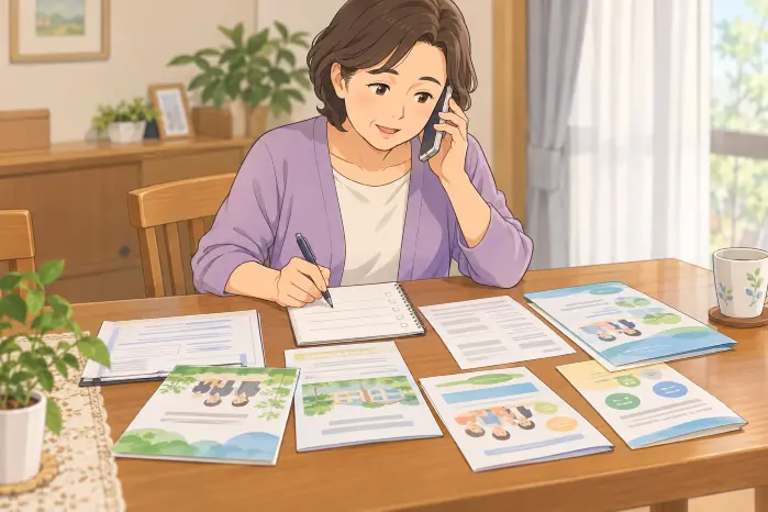 女性がテーブルでNPOからの説明資料と契約書を並べて、費用項目や担当変更の記載を確認している画像
