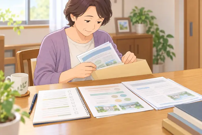 女性がチェックリストと説明資料を並べて、契約せずに持ち帰って家族と相談する判断をする様子の画像